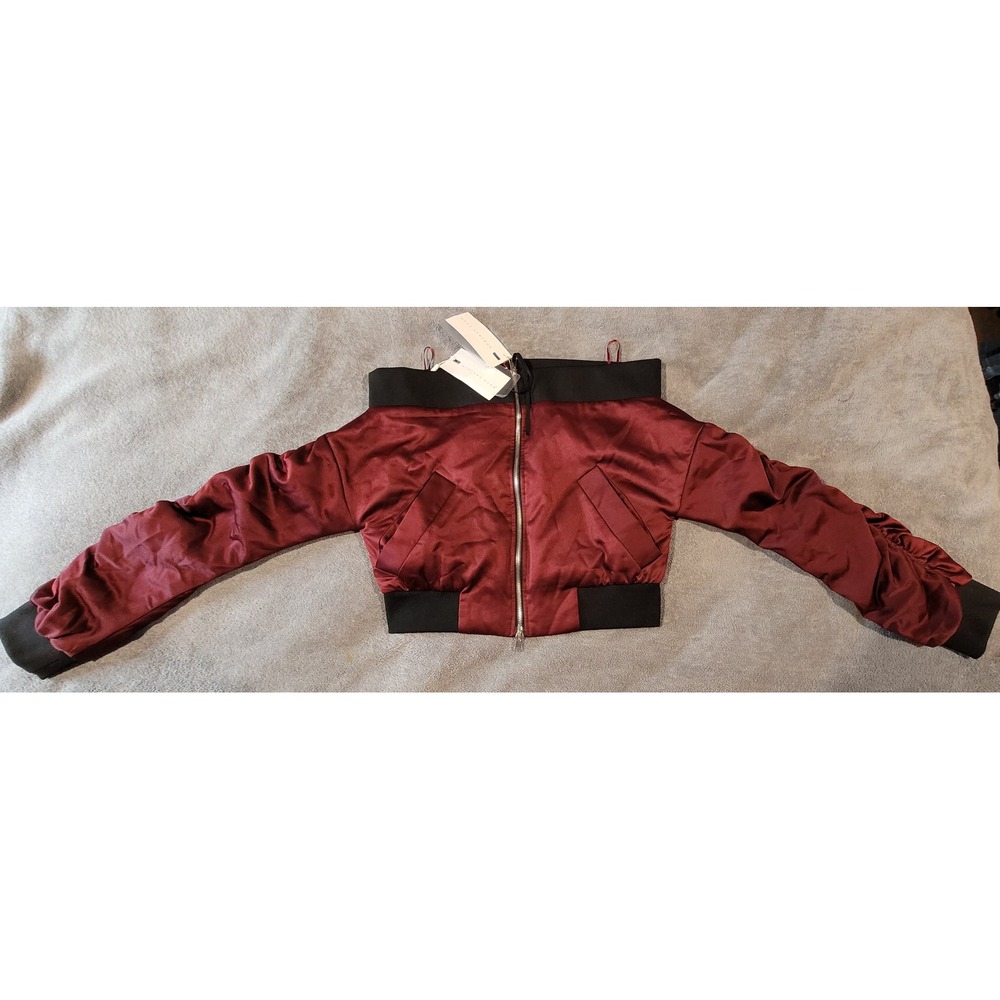 Endless Rose Off Shoulder Ruched Sleeve Bomber Jacket Burgundy Satin Cropped S